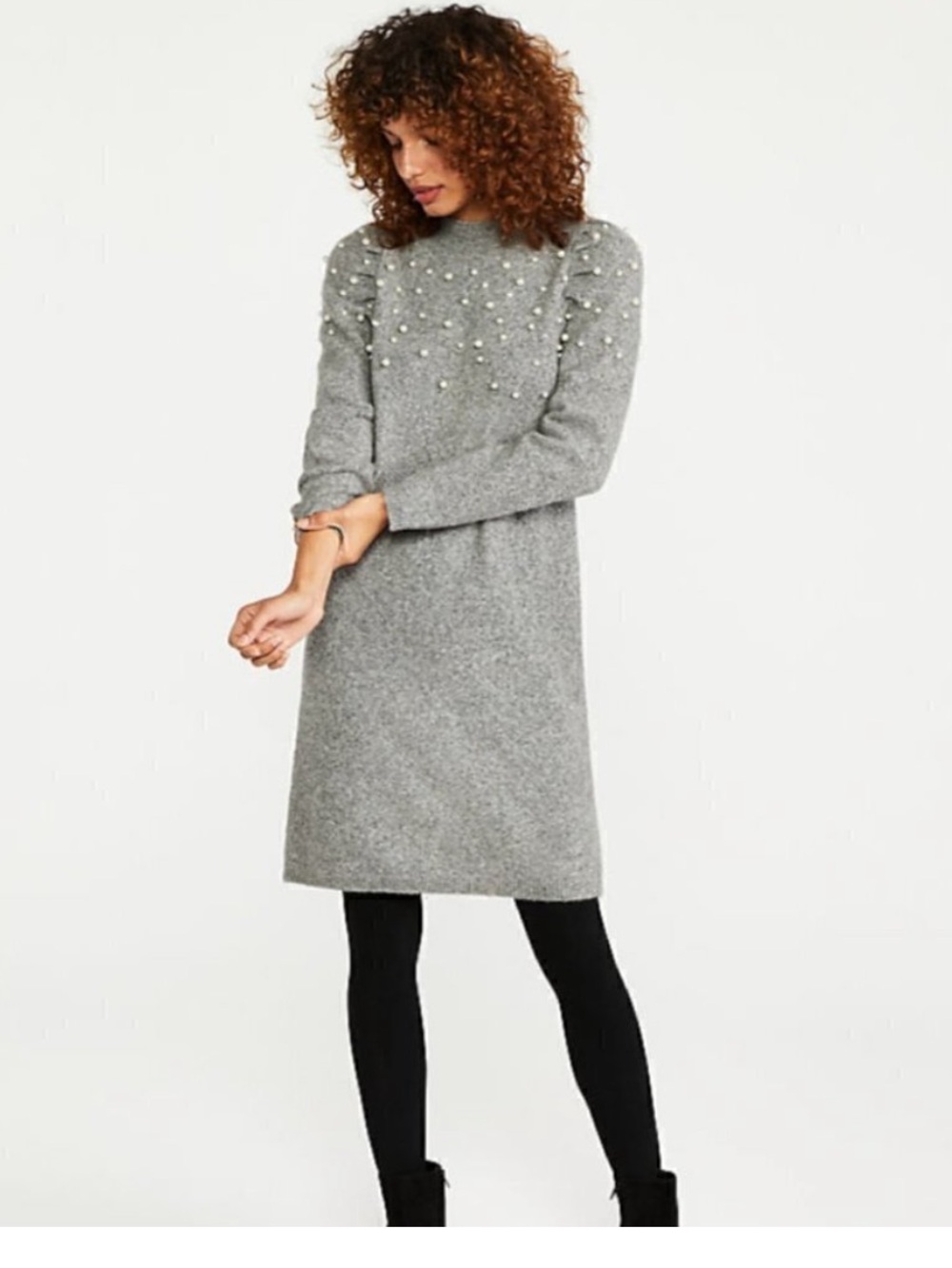 Ann Taylor Pearl-Embellished Light Gray sweater dress